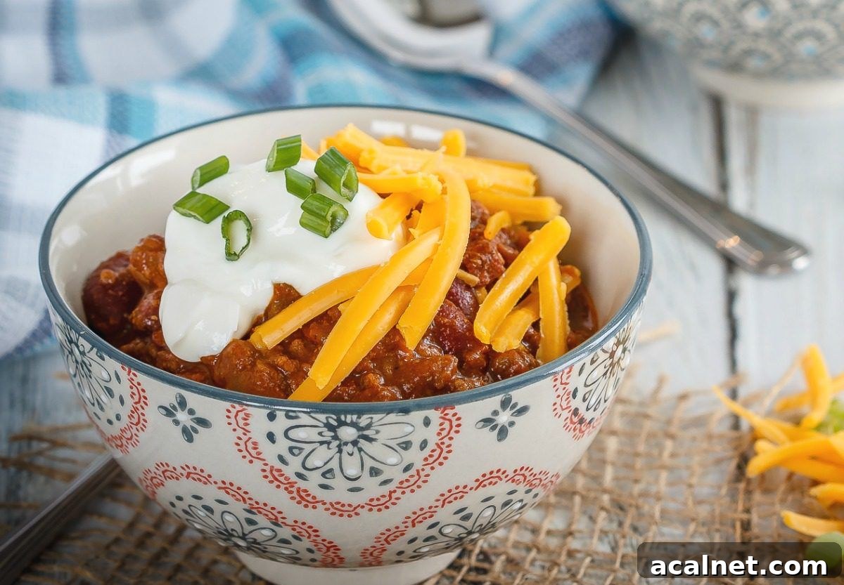 Slow cooker chili in a bowl