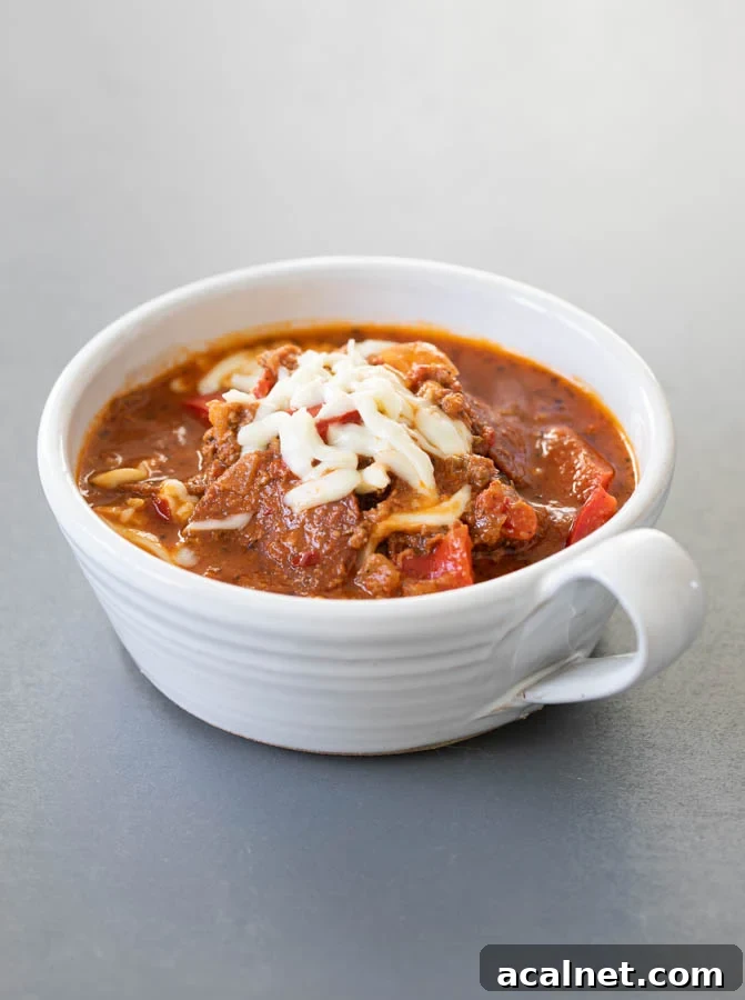 Pizza soup in a white bowl