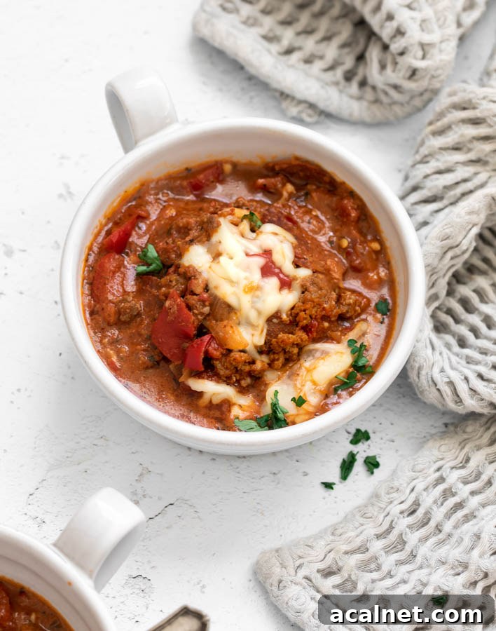 Pizza soup with pepperoni in a soup bowl
