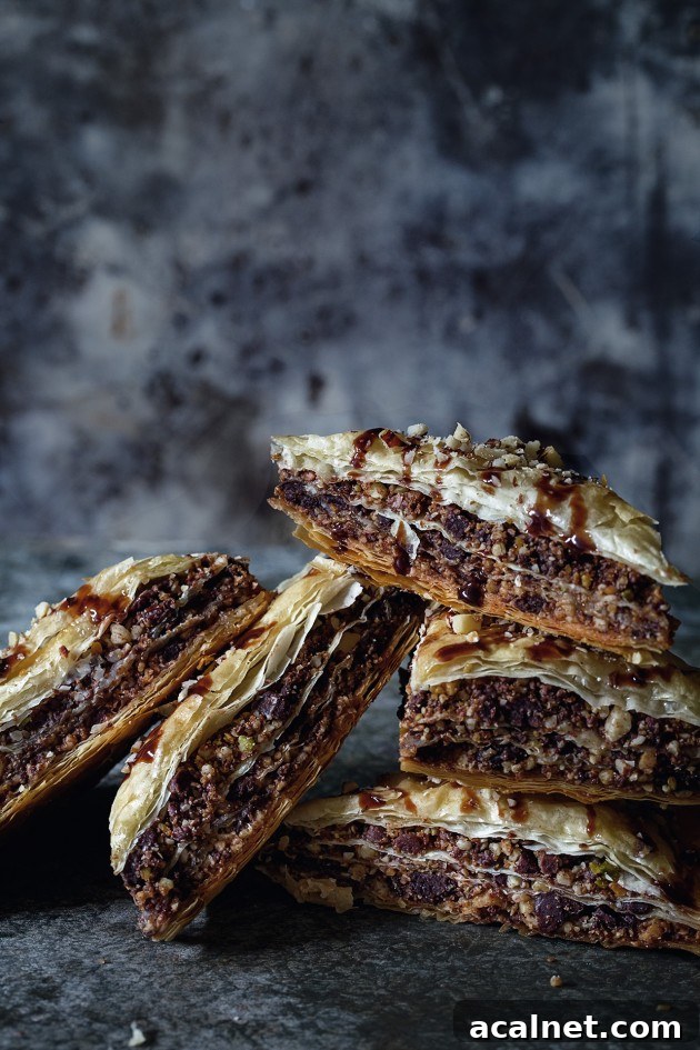 Five pieces of chocolate baklava stacked together.