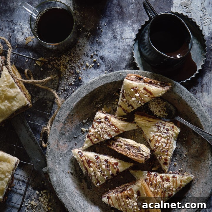 Eight servings of chocolate baklava arranged on a plate.