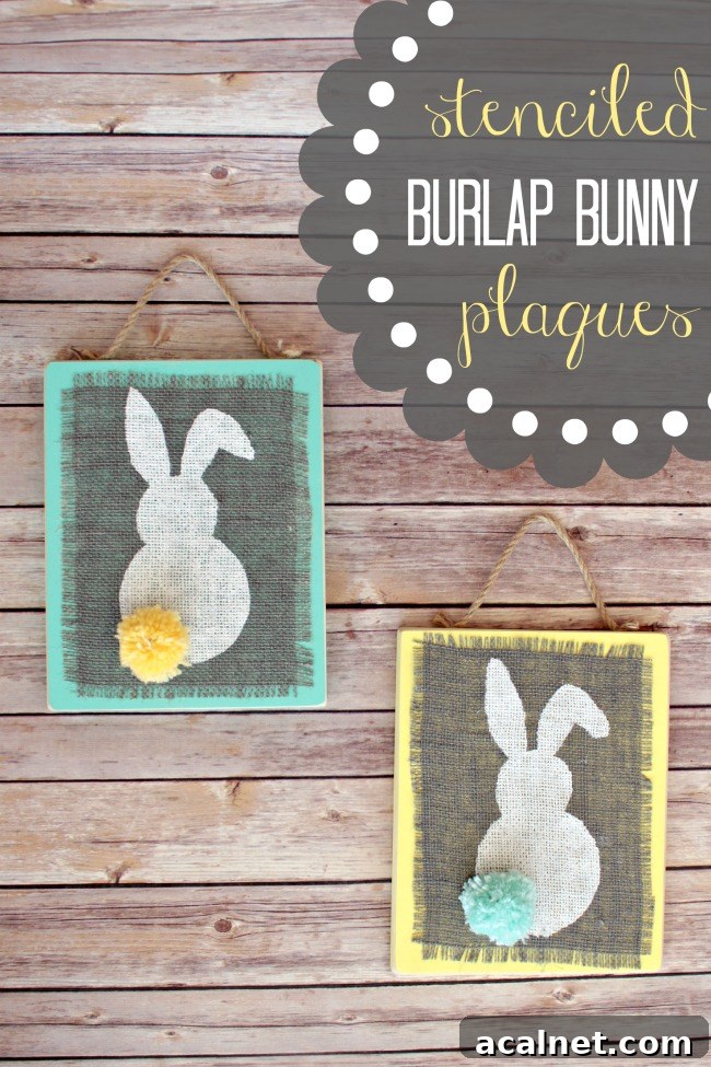 Stenciled Burlap Bunny Plaques hanging for spring and Easter