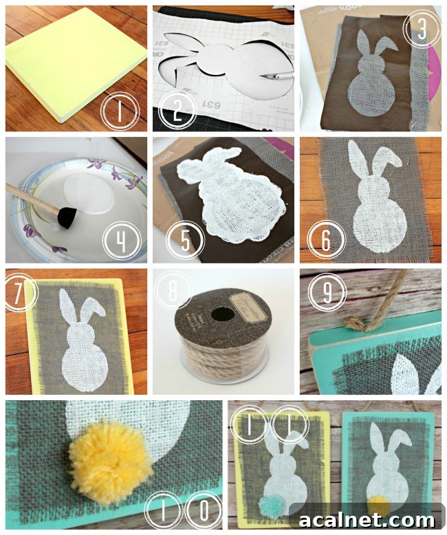 Materials and finished stenciled burlap bunny plaques