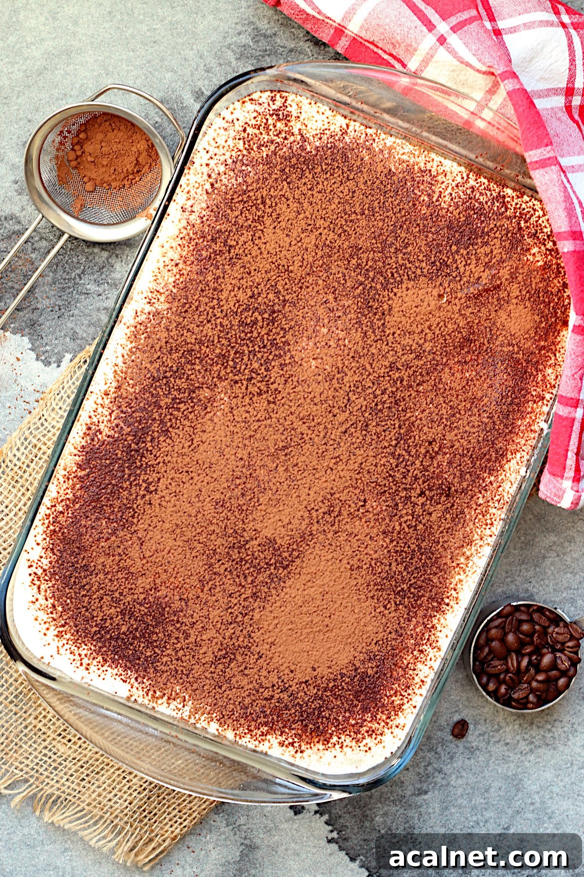 An overhead photo of Cottage Cheese Tiramisu in a glass baking dish.