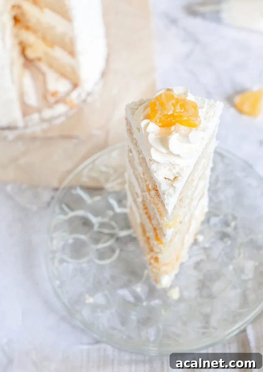 A slice of pina colada cake standing on a clear plastic plate topped with a white frosting swirl and dried pineapple candy.
