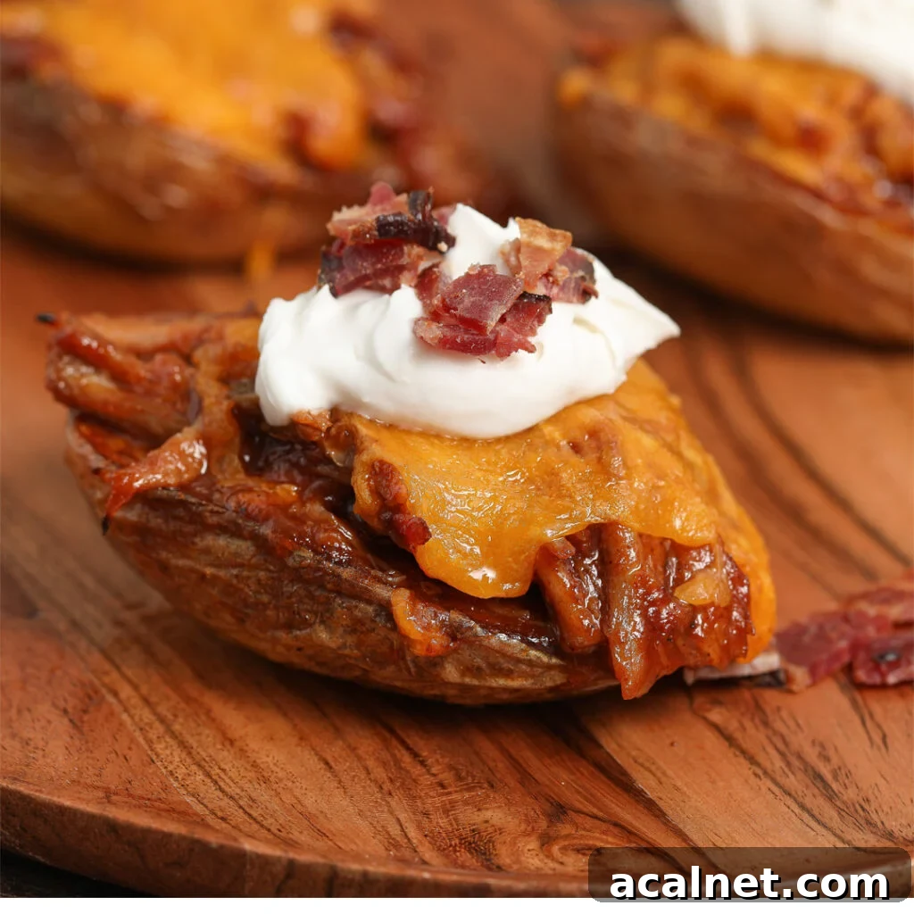A Pulled Pork Potato Skin topped with melted cheddar cheese, a dollop of sour cream, and crispy bacon bits sits on a wooden surface.