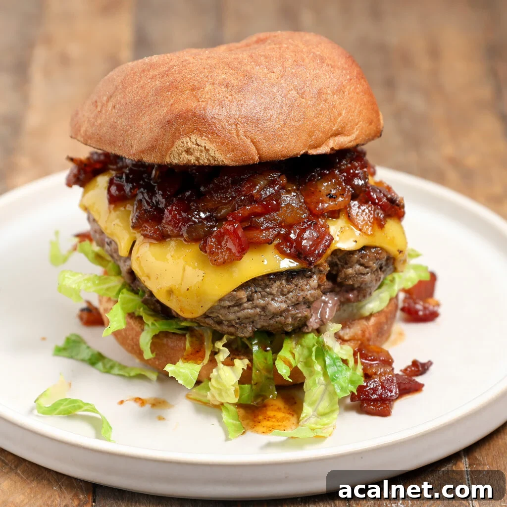 Bacon jam burger with melted cheese on a toasted bun
