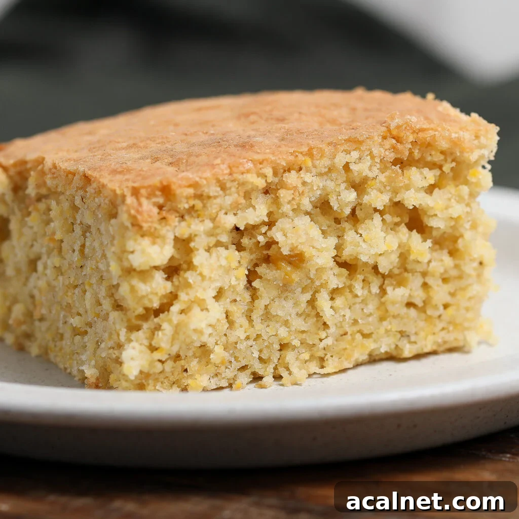 A close-up of a thick, golden-brown slice of gluten free cornbread on a white plate, showing its moist and crumbly texture.