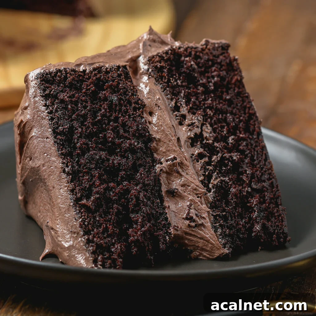A close-up of a thick slice of rich, moist chocolate cake with two layers, covered in creamy chocolate frosting and served on a black plate—a perfect treat for Father's Day.