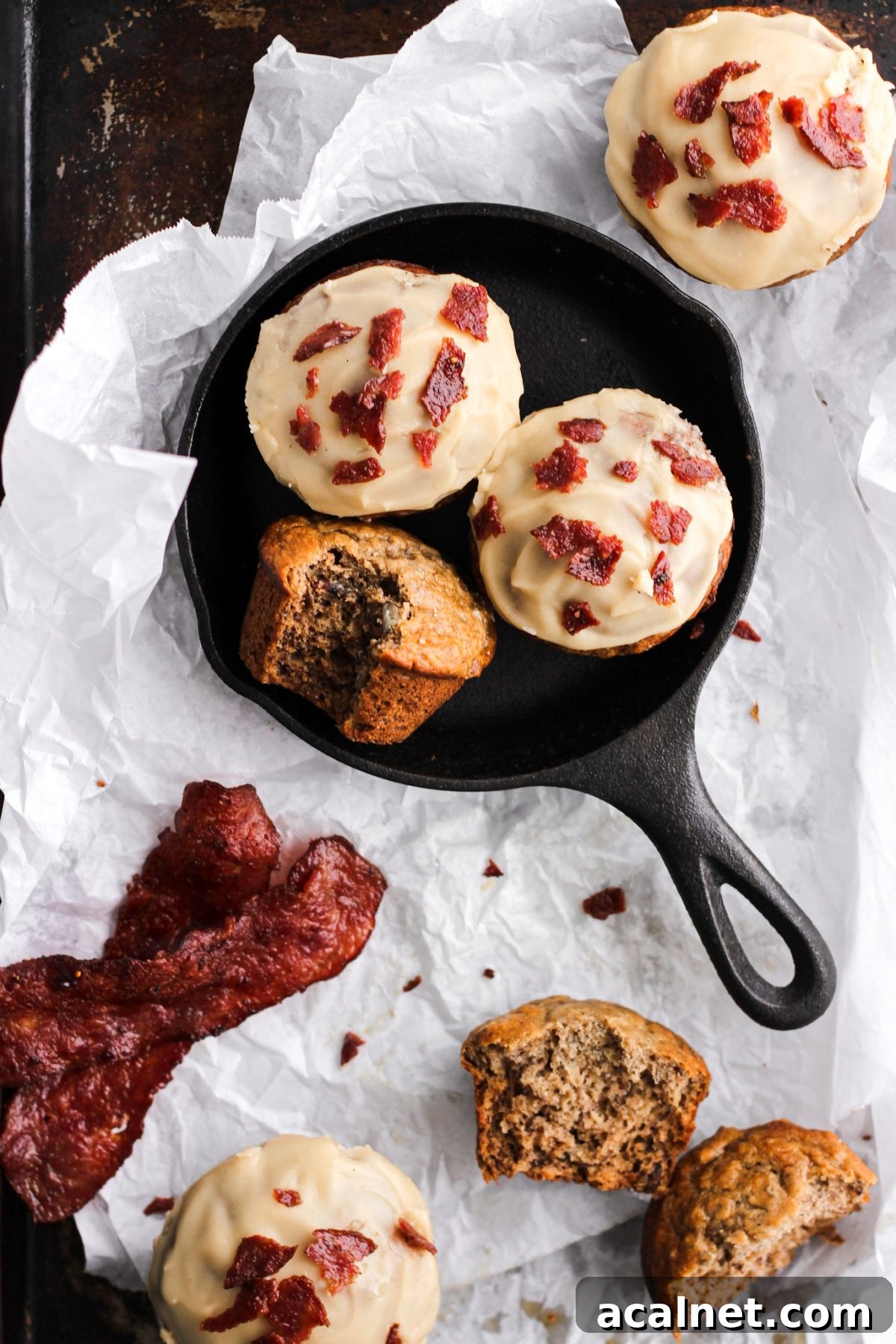 banana muffin with maple glaze and bacon in mini cast iron skillet for food blog and food photography