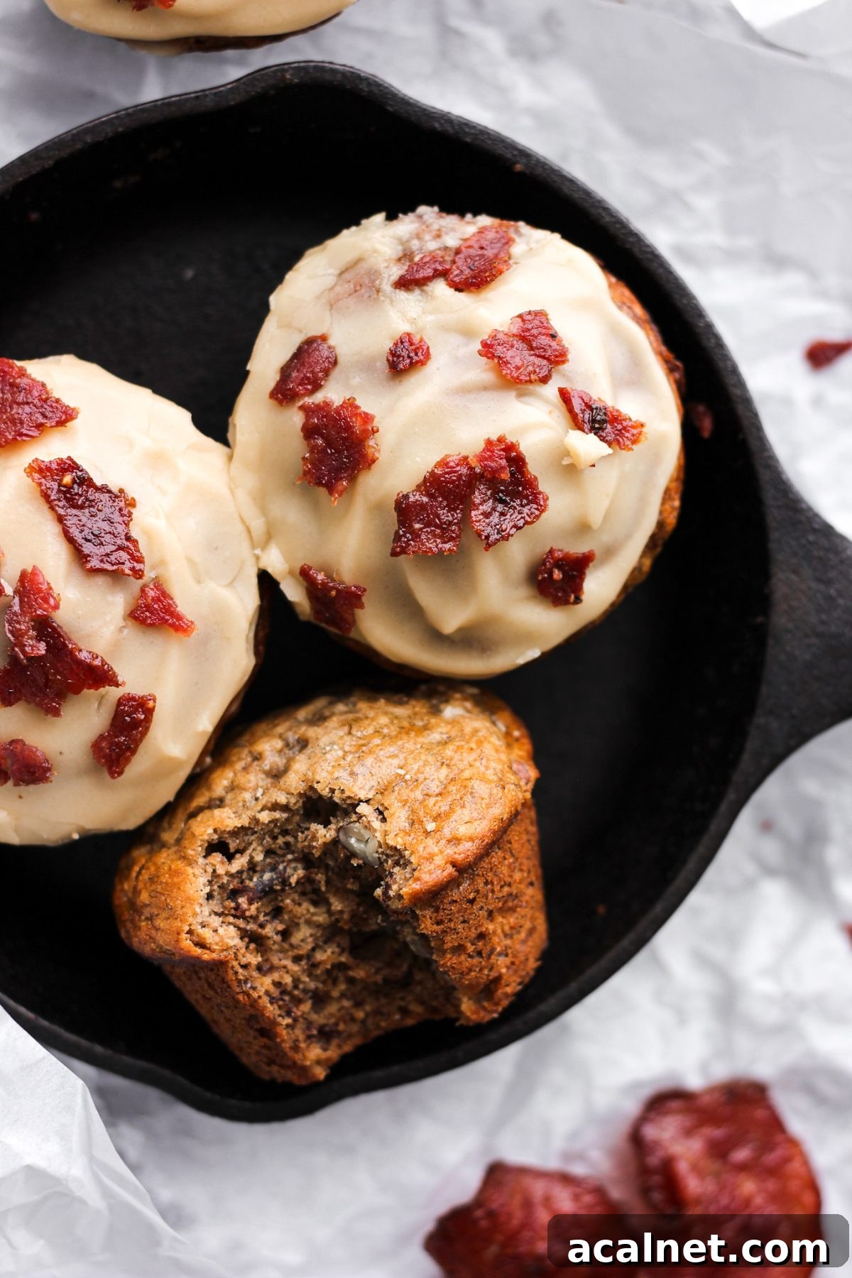 banana muffin with maple glaze and bacon in mini cast iron skillet for food blog and food photography