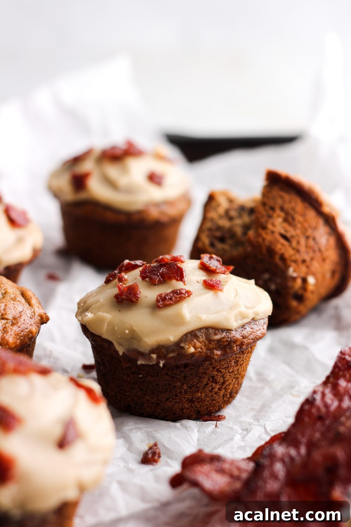 banana muffin with maple glaze and bacon for food blog and food photography