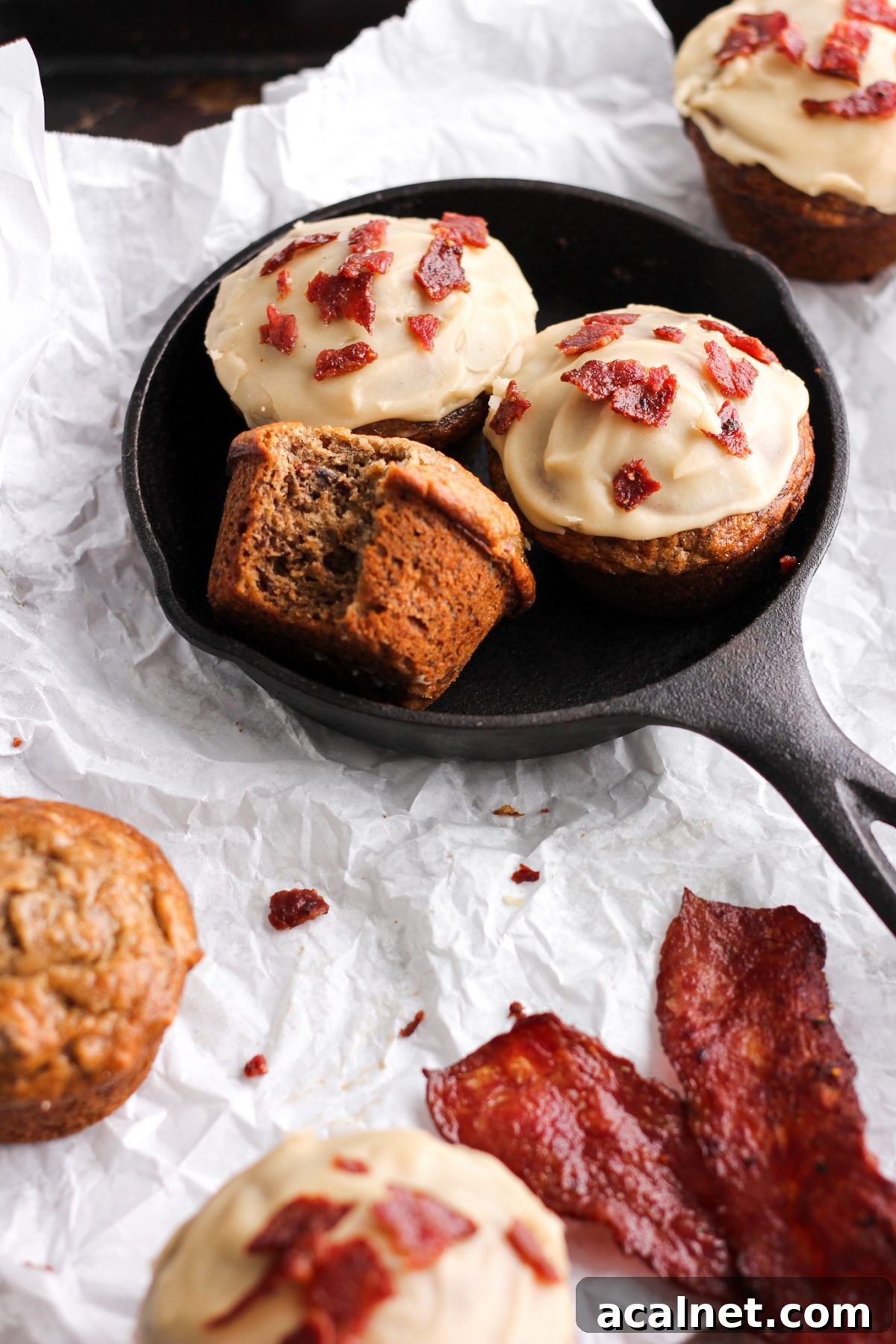 banana muffin with maple glaze and bacon in mini cast iron skillet for food blog and food photography