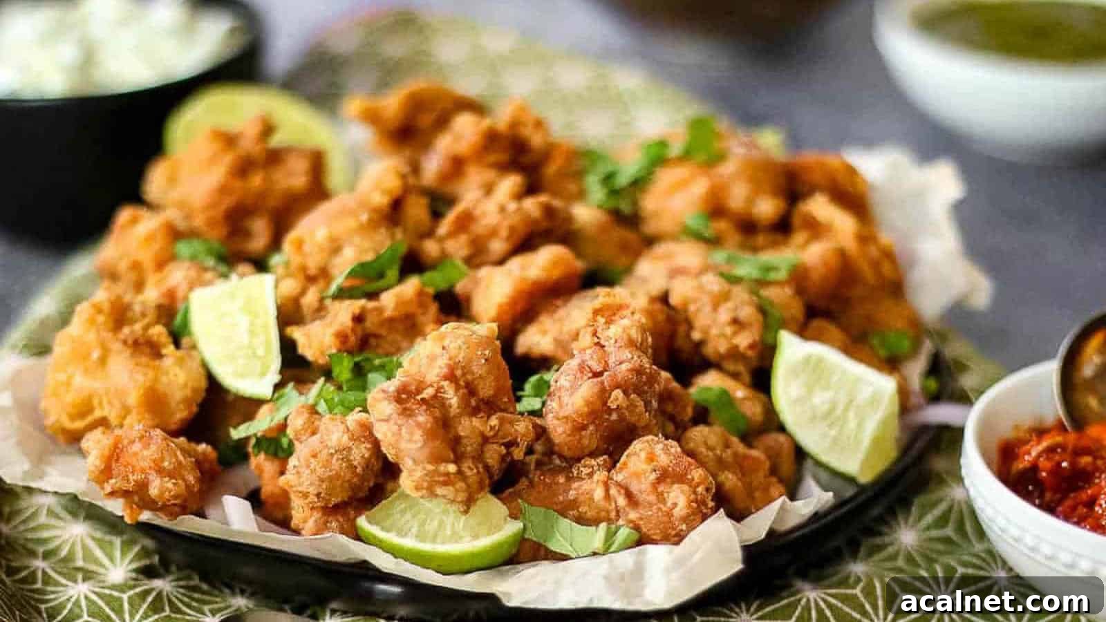 29 Chicken Dinners That Keep Coming Back to Our Weekly Menu 14 Low angle shot of chicken pakora on a plate with a green napkin.