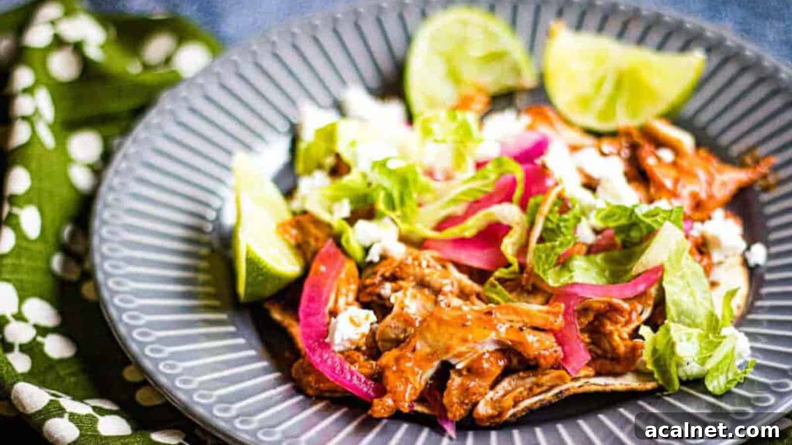 29 Chicken Dinners That Keep Coming Back to Our Weekly Menu 16 Pollo pibil on a grey plate with limes and shredded lettuce.