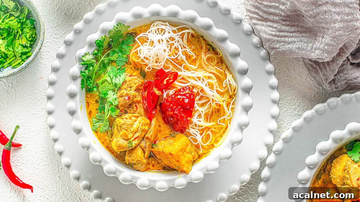 29 Chicken Dinners That Keep Coming Back to Our Weekly Menu 17 A bowl of spicy curry soup with chicken, noodles, chopped red chilies, and cilantro garnish, served on a textured white plate.