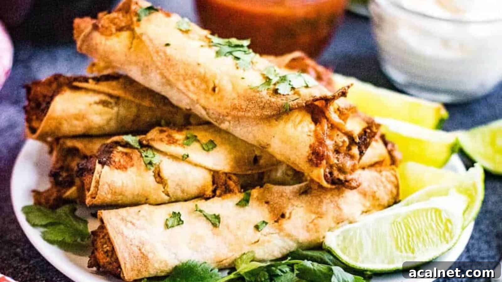 29 Chicken Dinners That Keep Coming Back to Our Weekly Menu 19 Stacked taquitos on a plate.