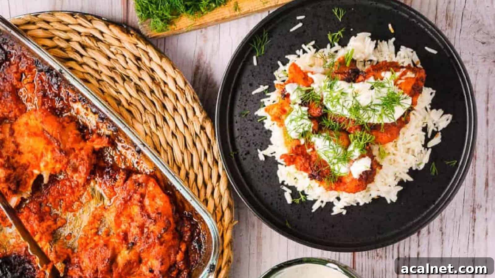 29 Chicken Dinners That Keep Coming Back to Our Weekly Menu 21 Harissa chicken in a baking pan with a plate of it over rice with yogurt and herbs on the side.