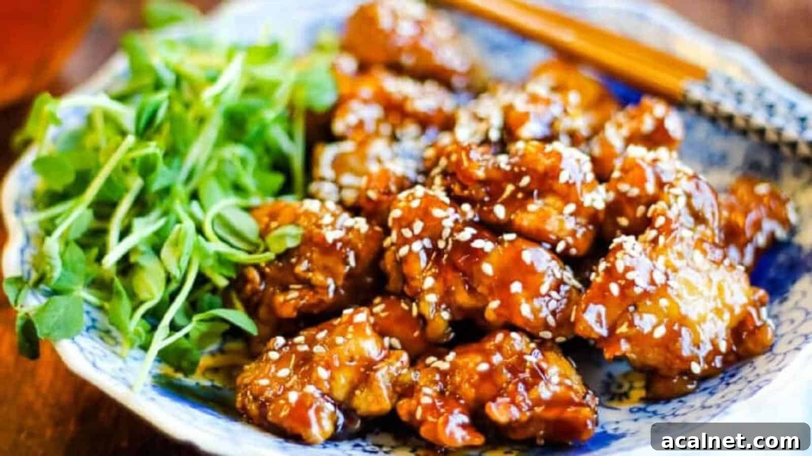 29 Chicken Dinners That Keep Coming Back to Our Weekly Menu 5 Low angle shot of a plate of fried chicken with sesame sauce and sesame seeds.
