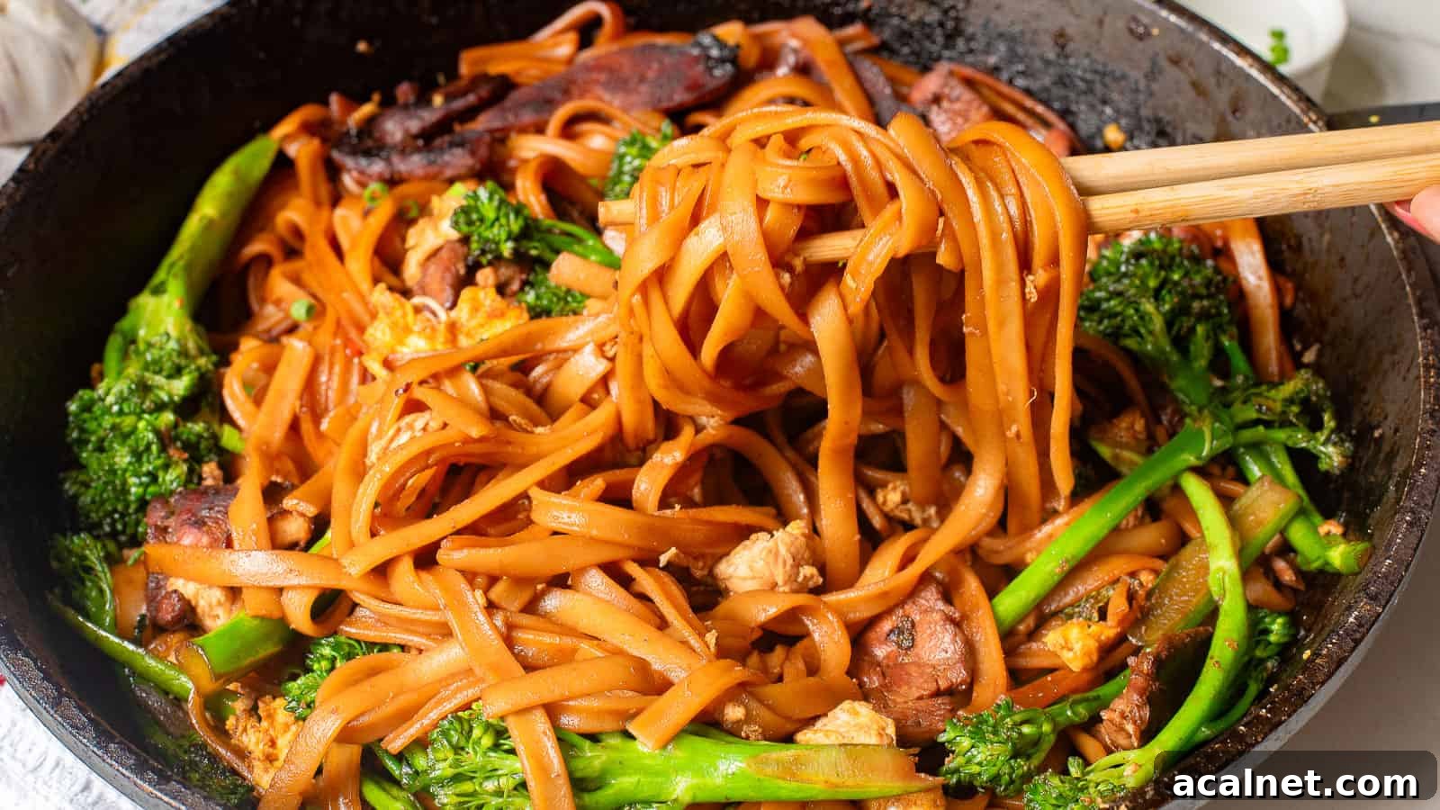 29 Chicken Dinners That Keep Coming Back to Our Weekly Menu 6 A plate of stir-fried rice noodles with beef slices, broccoli, and green onions. The dish is garnished with thinly sliced scallions, creating a colorful and appetizing presentation.
