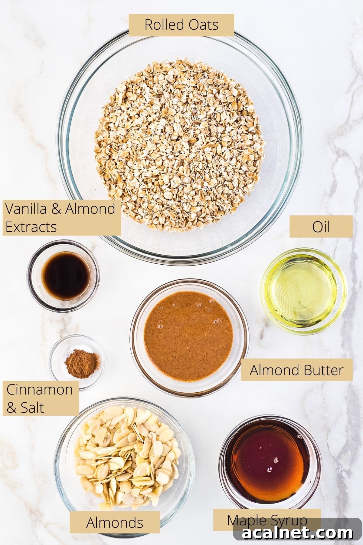 Ingredients needed to make vanilla almond granola.