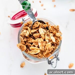 Mason jar filled with vanilla almond granola.