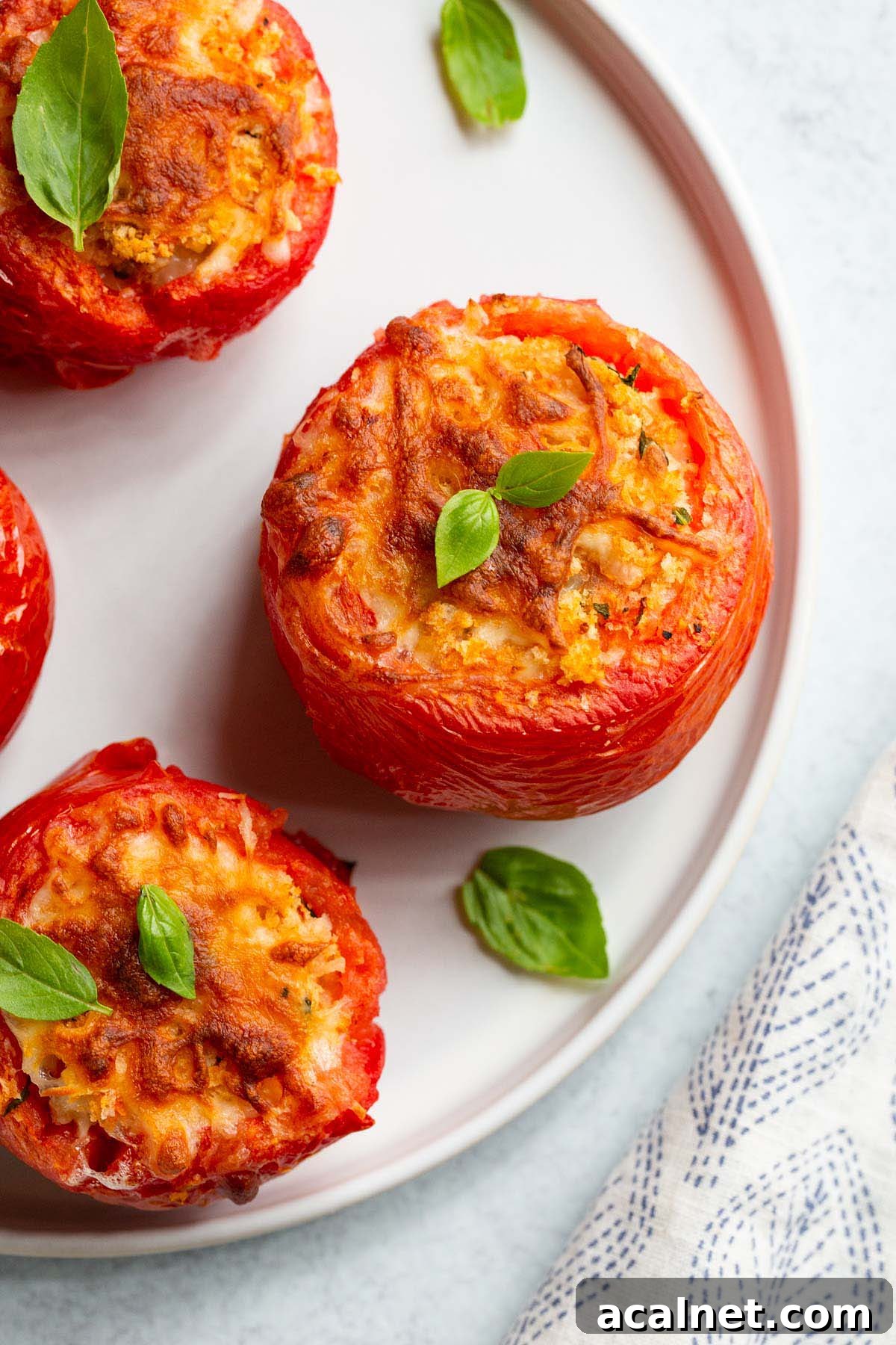 Air fryer stuffed tomatoes on a plate.
