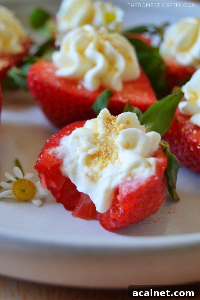closeup bite of a cheesecake deviled strawberry