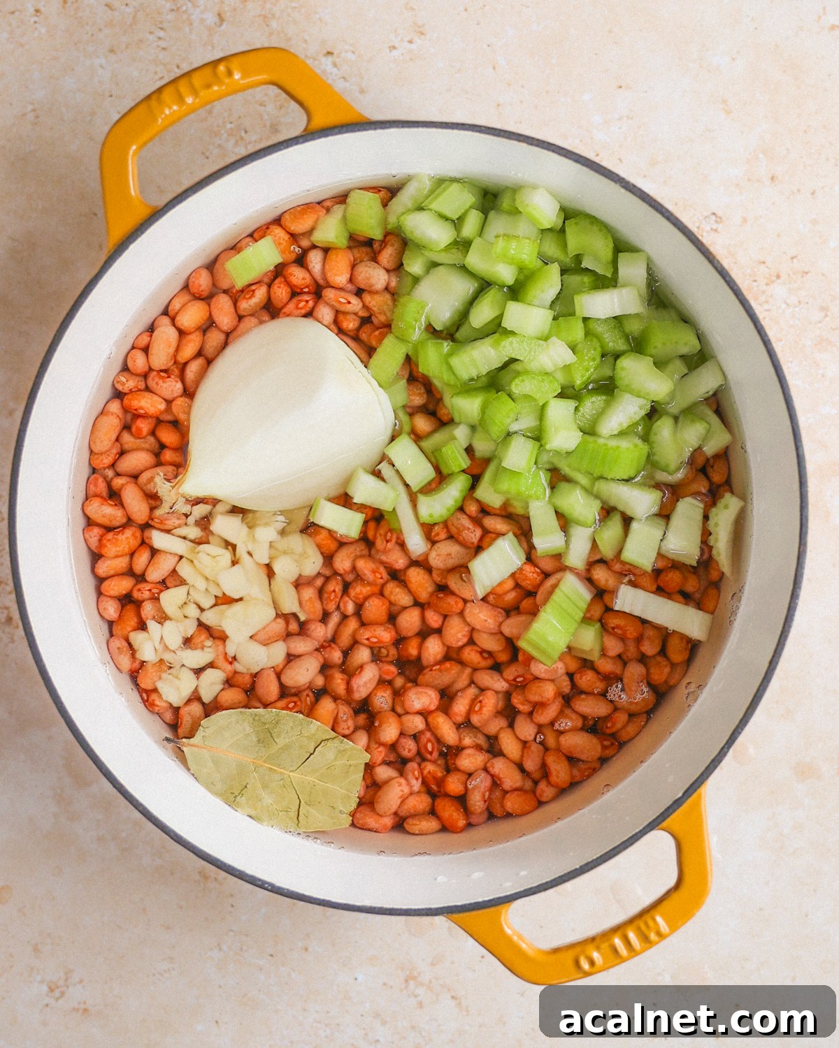 Beans in a pot with aromatics.