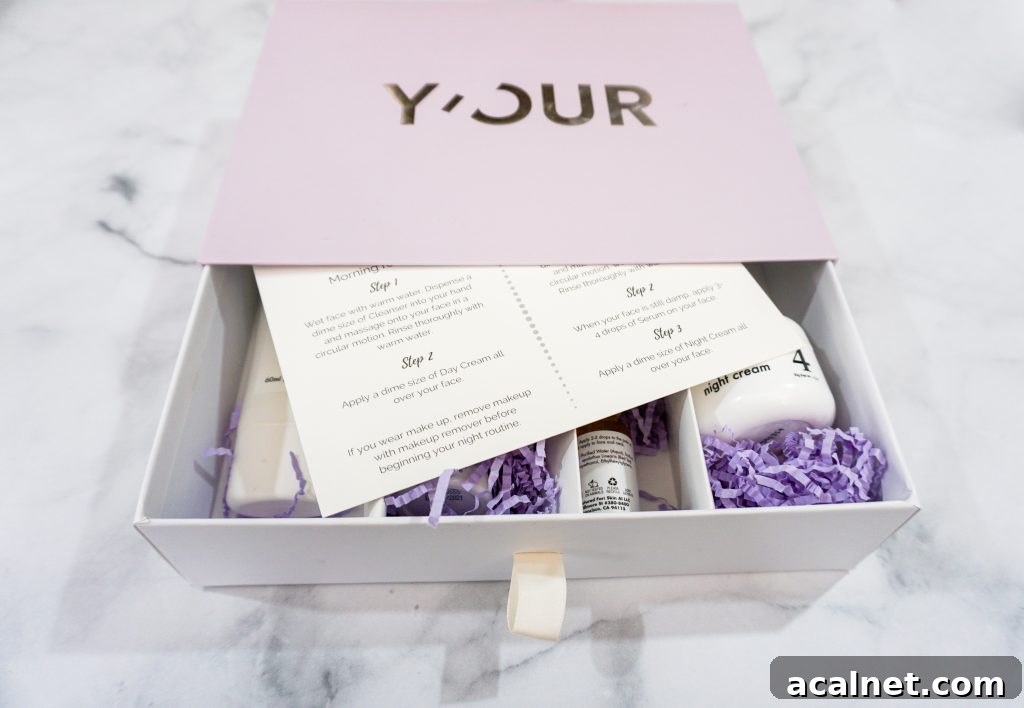 Partially opened box containing skincare