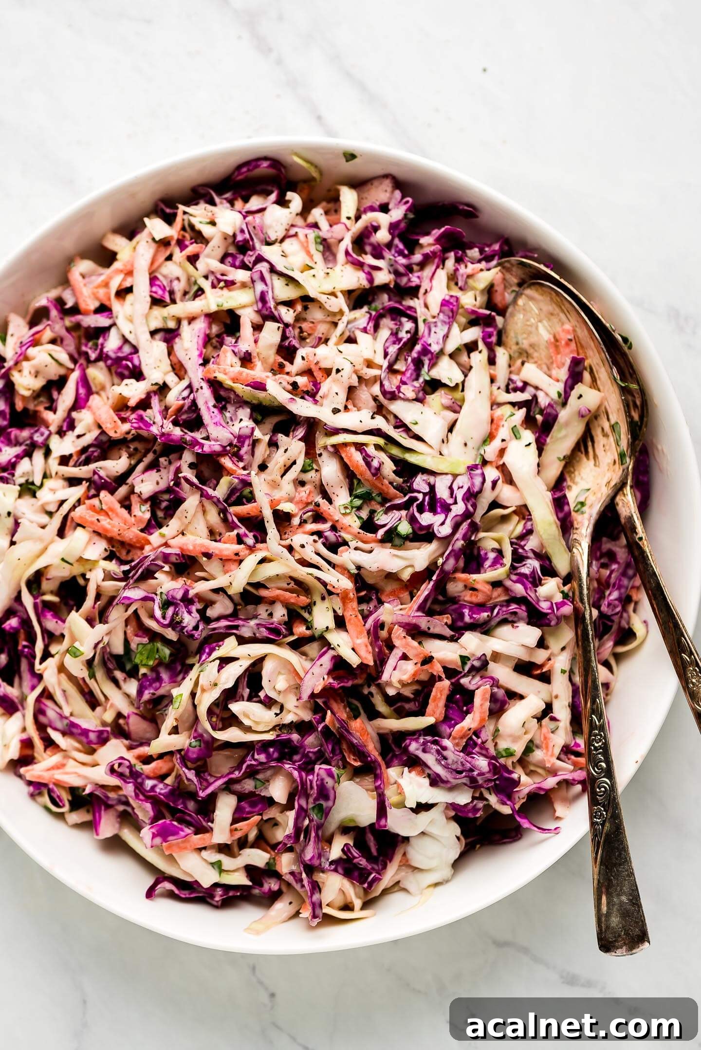 Coleslaw in a white serving bowl.