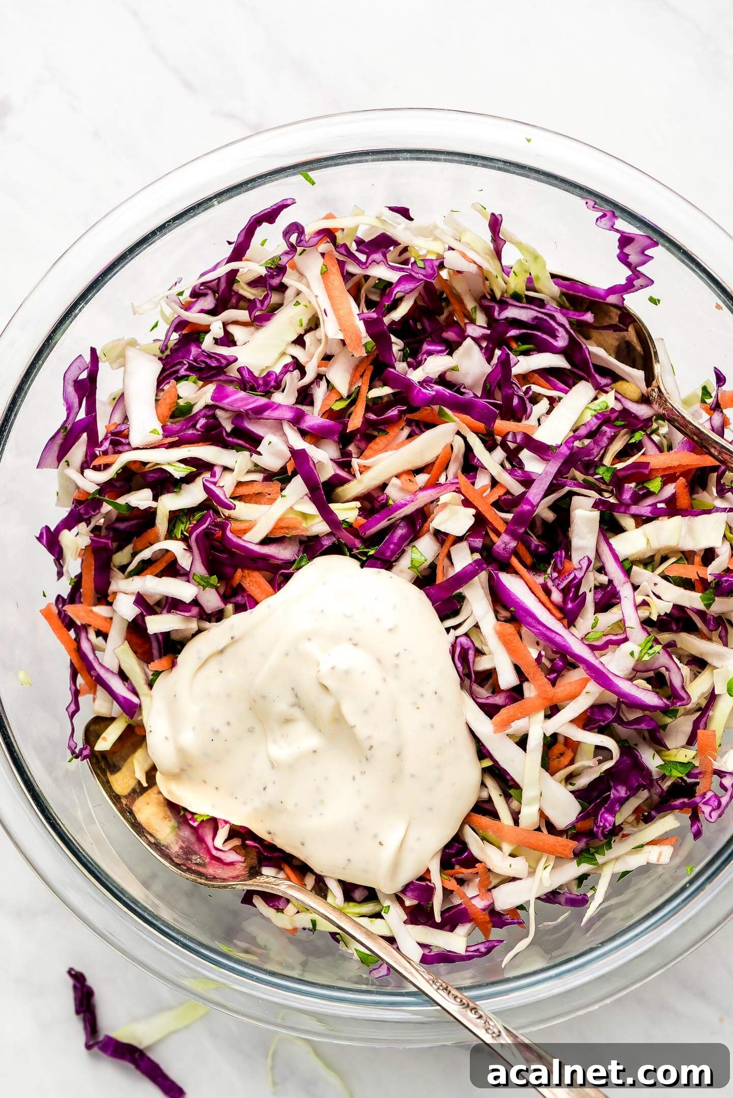 A bowl of shredded cabbage and carrots with a glob of dressing on top.