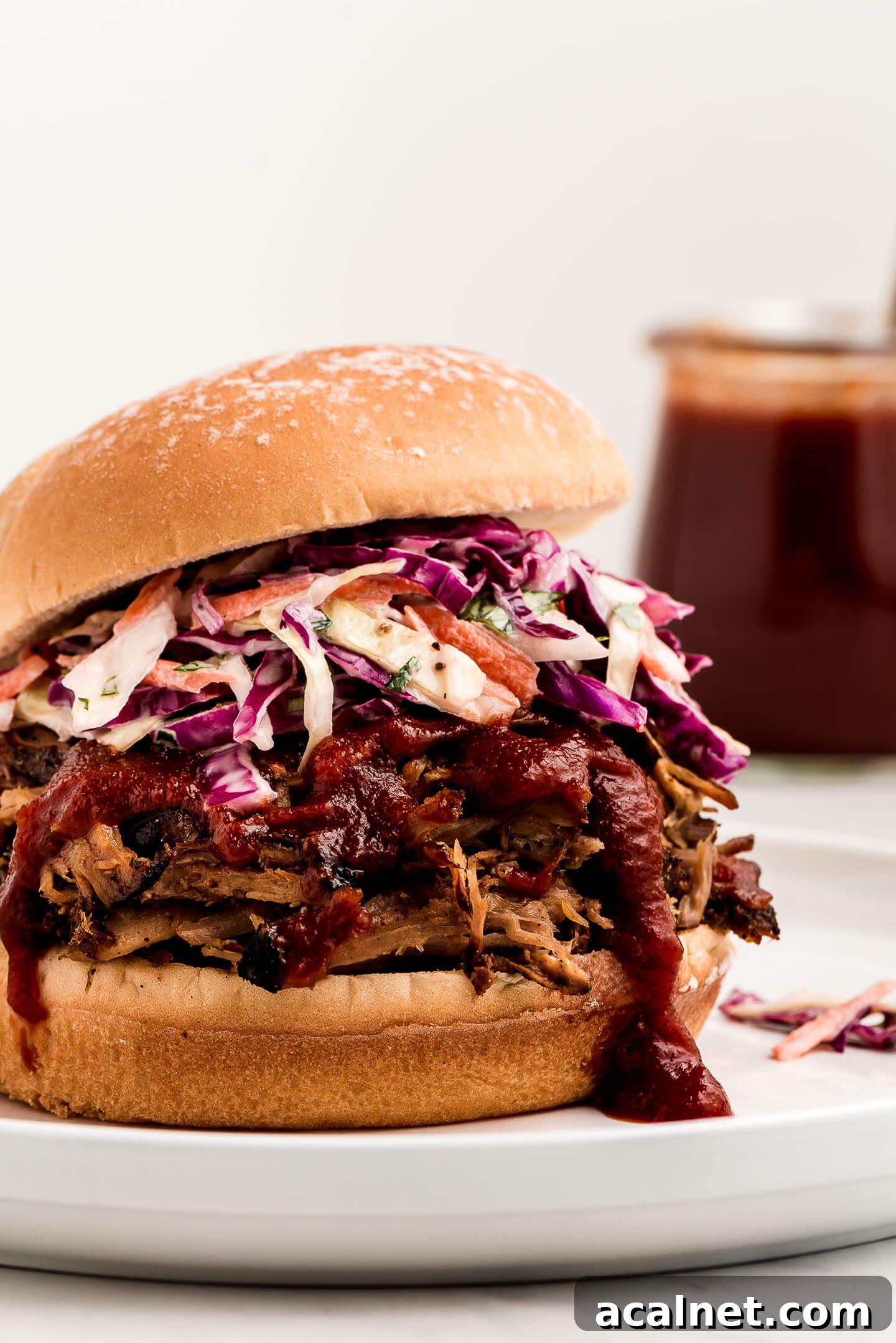 A close up shot of a pulled pork sandwich with coleslaw on it.