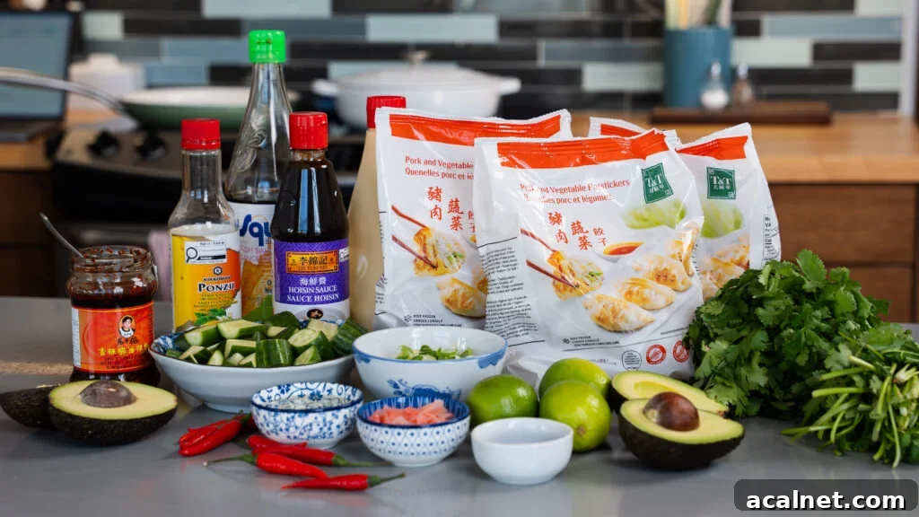 Sheet pan dumpling ingredients sitting on a counter top.