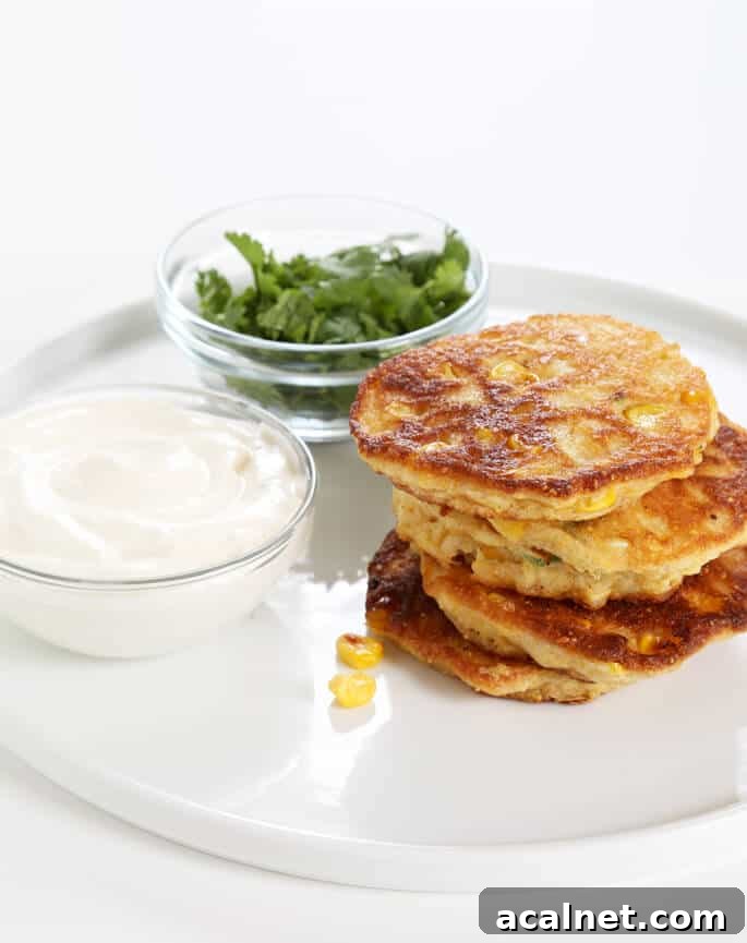 Savory Gluten-Free Corn Cakes Recipe for Crispy, Flavorful Bites 2 Stack of corn cakes and a bowl of herbs on white plate