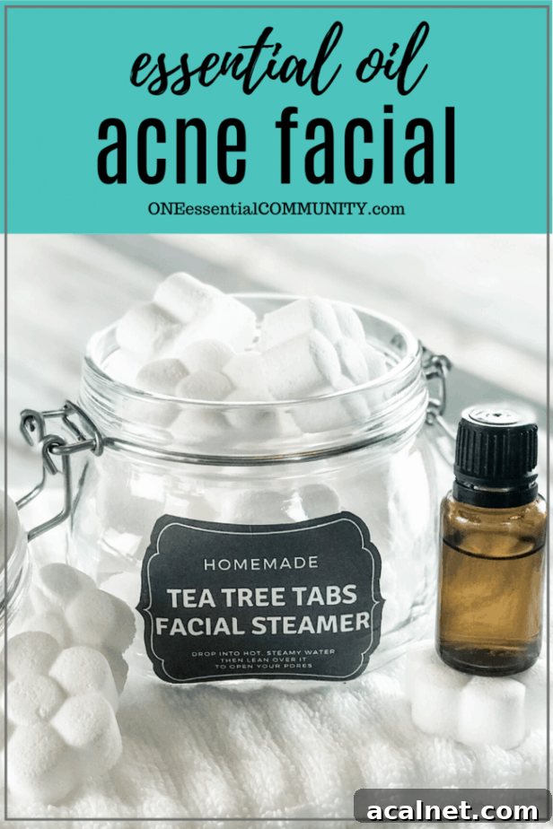 essential oil acne facial title card, with facial steamers in clear jar and essential oil bottle