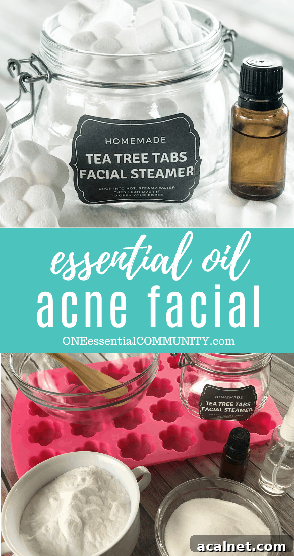 essential oil acne facial image collage with flower shaped tea tree tabs facial steamer in open glass jar, essential oil bottle, title card, ingredients and tools collection tea tree essential oil witch hazel baking soda citric acid