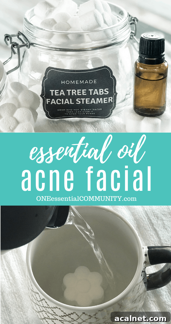 essential oil acne facial image collage with flower shaped tea tree tabs facial steamer in open glass jar essential oil bottle, pouring hot water into mug to activate steamer
