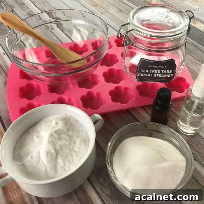essential oil facial steamer tea tree tabs ingredients in bowls, flower-shaped silicone mold, clear jar with tea tree tabs facial steamer label, essential oil bottle, squirt bottle