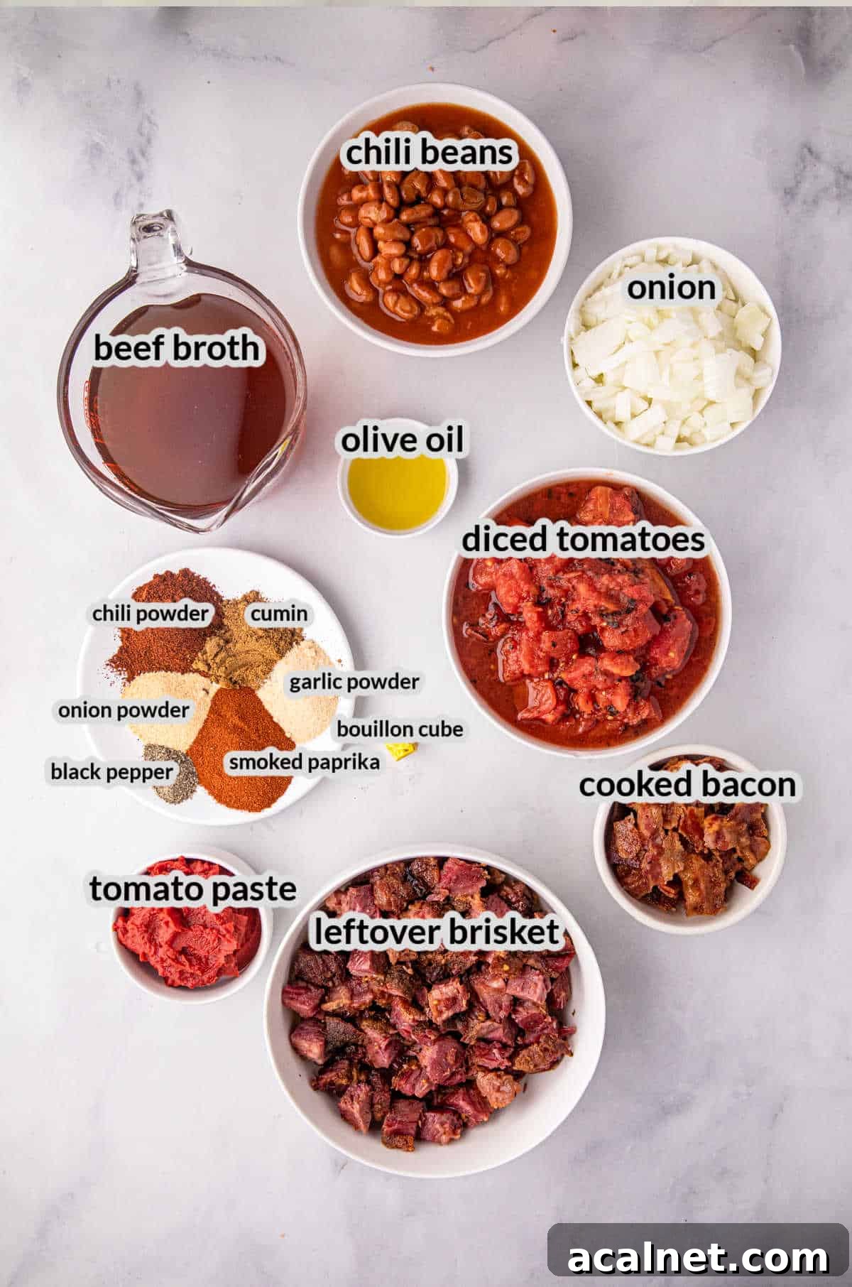 Overhead Image of Smoked Brisket Chili Ingredients