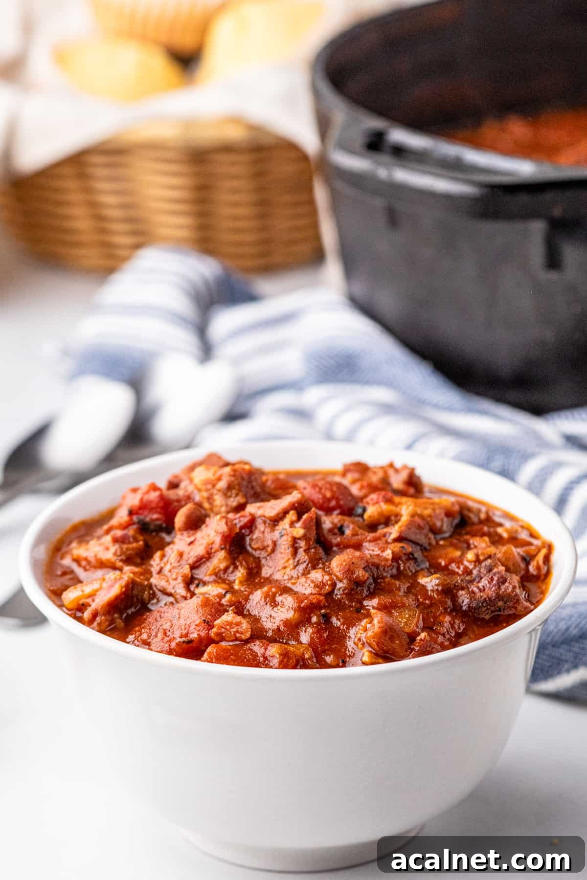 Smoked Brisket Chili in bowl ready for toppings