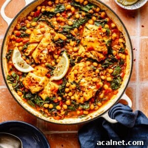 Spanish-Inspired Simmered White Fish in white skillet on tiled counter.