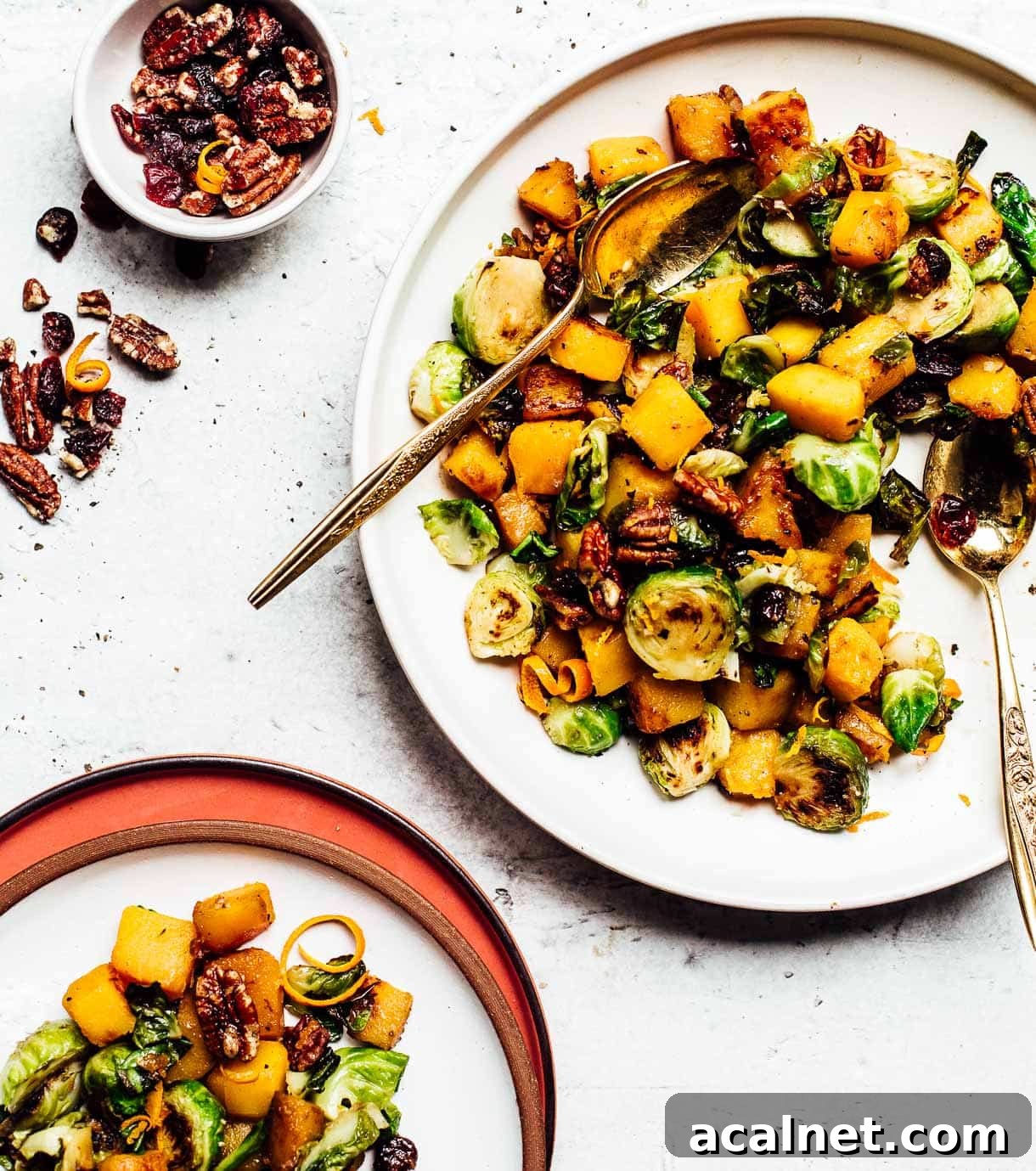 Orange Glazed Butternut Squash and Brussels Sprouts with Pecans