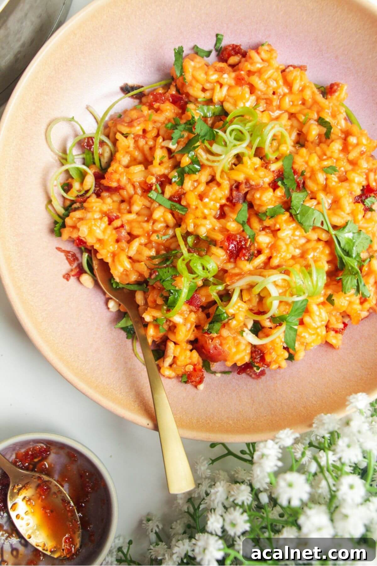 Gochujang Cheesy Risotto with Creamy Korean Chili Flavor 2 Gochujang risotto topped with scallions with sweet chilli jam on the side.