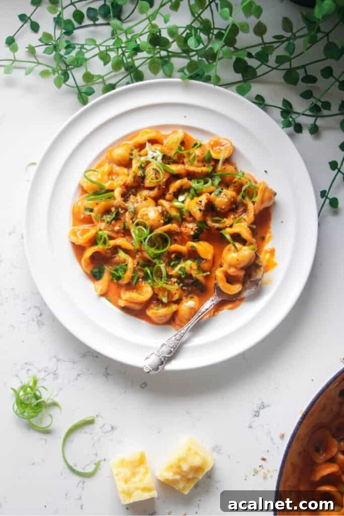 Gochujang Cheesy Risotto with Creamy Korean Chili Flavor 17 Creamy gochujang pasta topped with green coriander & spring onions on a white plate with a sliver spoon.
