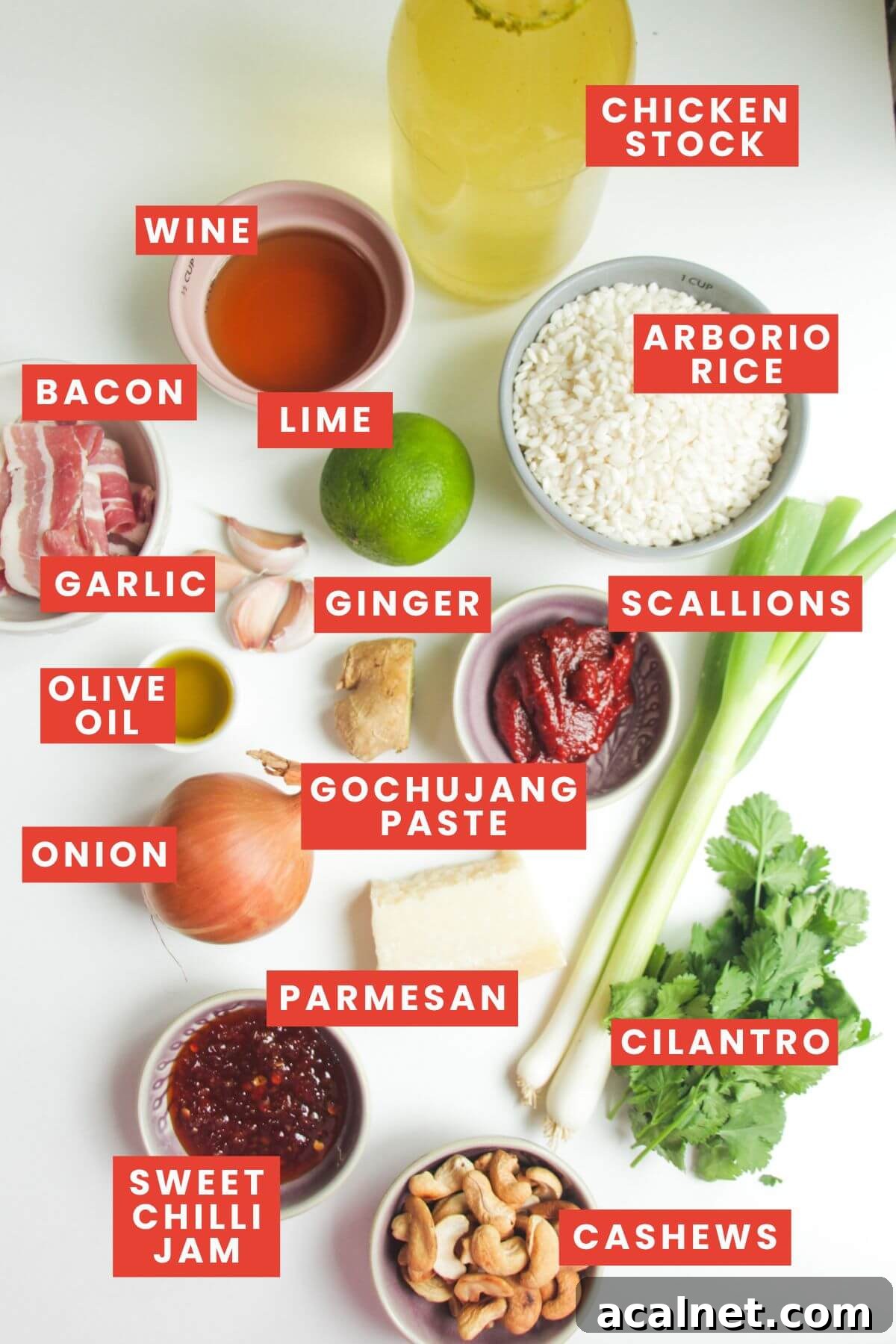 Gochujang Cheesy Risotto with Creamy Korean Chili Flavor 3 Ingredients for gochujang risotto laid out and labelled.