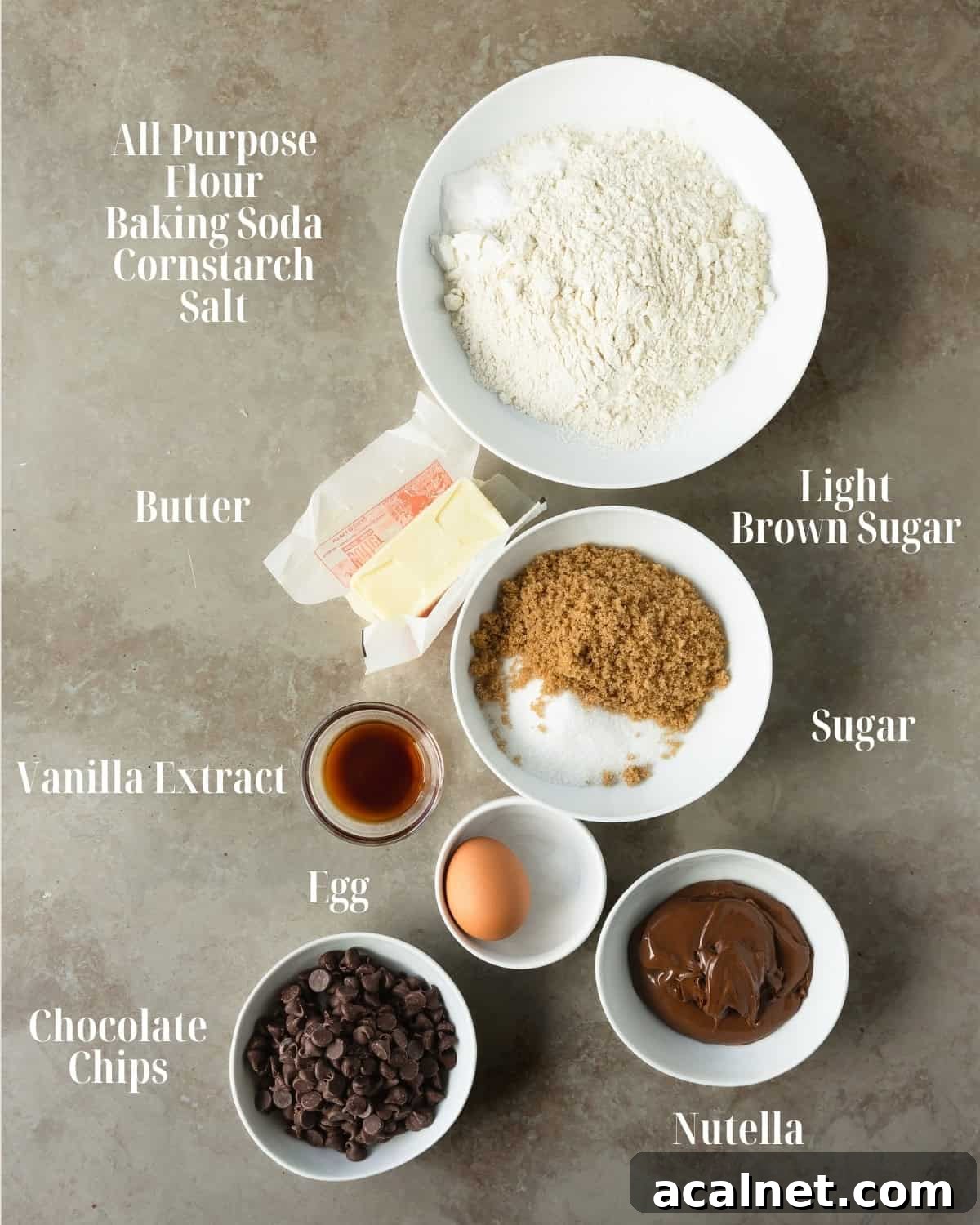 Irresistible Nutella Cookie Recipe for Moist, Chewy Treats 3 Dry Ingredients: Gather all purpose flour, baking soda, cornstarch and salt. Wet Ingredients: Gather unsalted butter, light brown sugar, granulated sugar, an egg, vanilla extract and chocolate chips.