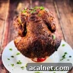 Smoked beer can chicken placed on a white serving dish, sprinkled with parsley.