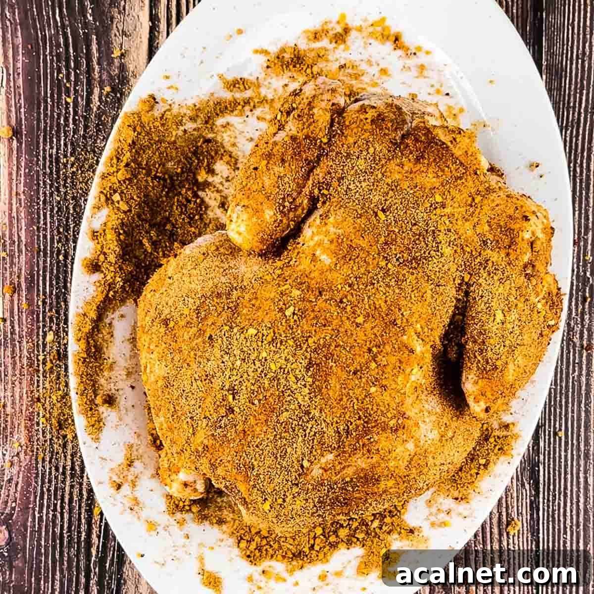The chicken covered very generously in homemade dry rub.