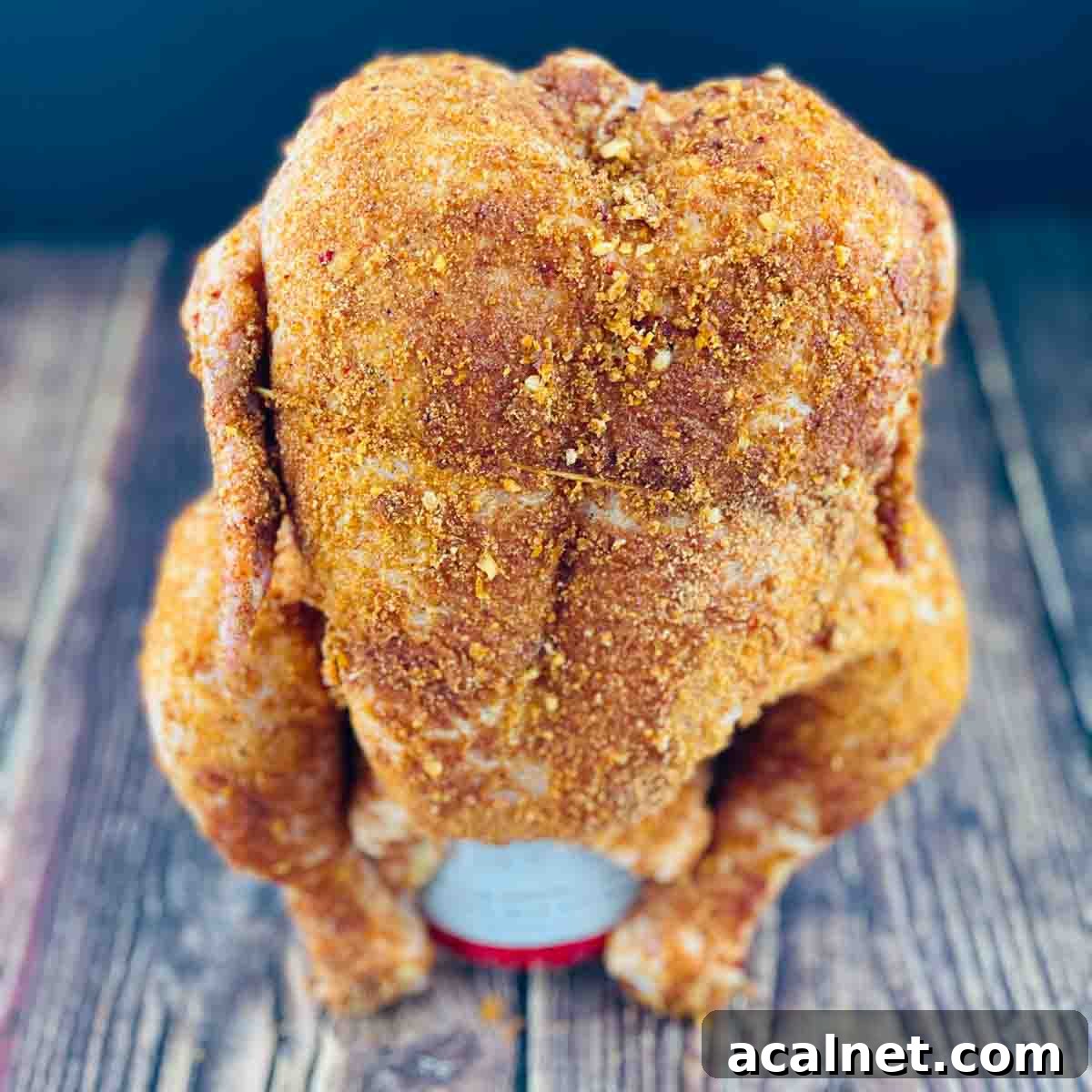 The seasoned whole chicken placed on a beer can.